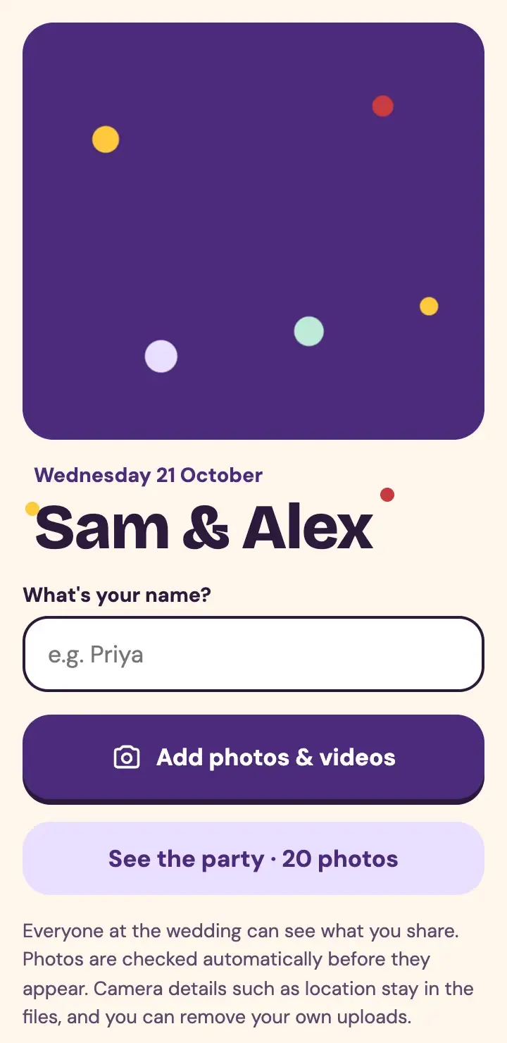The page a guest's phone opens: the couple's names, the date, and buttons to add photos and see the party